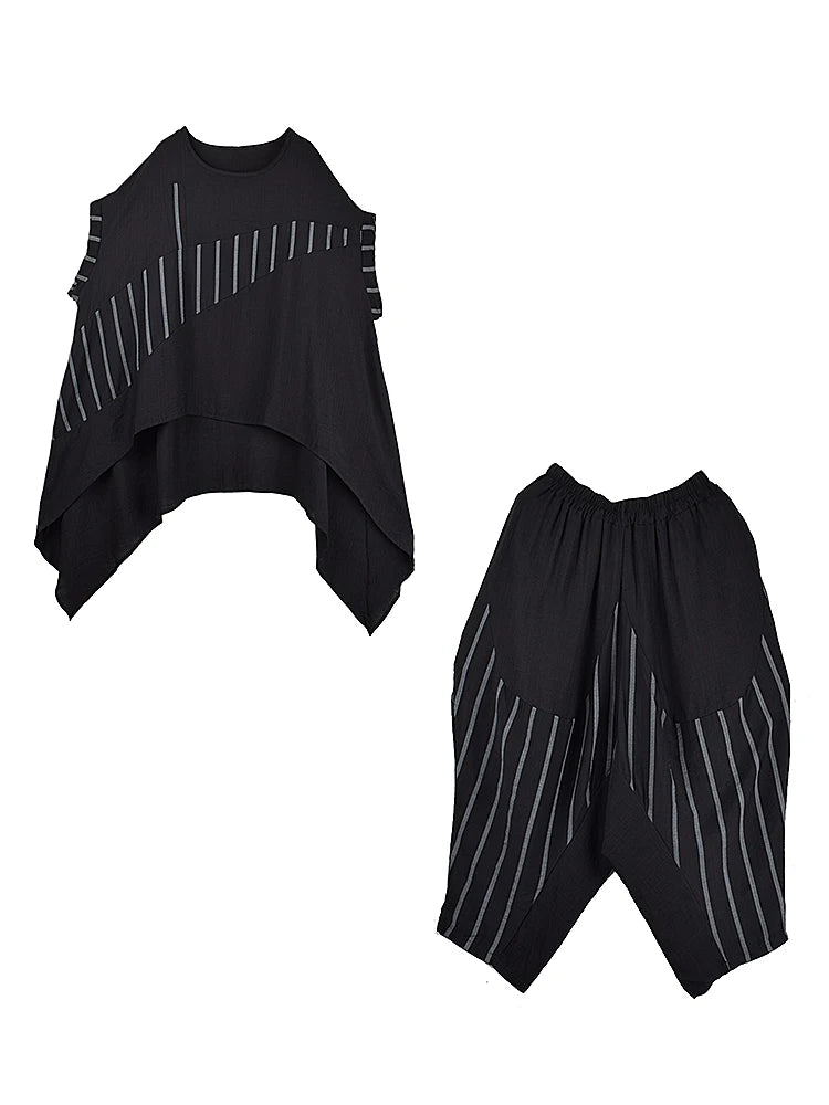 XITAO Irregular Striped Print Sets Patchwork O-neck Short Sleeve Loose Slimming Elastic Waist Two-piece Woman Sets ZMY1318