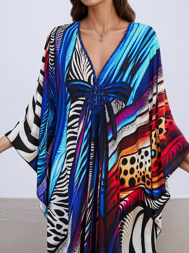 XITAO Contrast Color Print Batwing Sleeve Female Dress Pullover V-neck Loose Slim Temperament Summer Women Casual Dress GJ1145