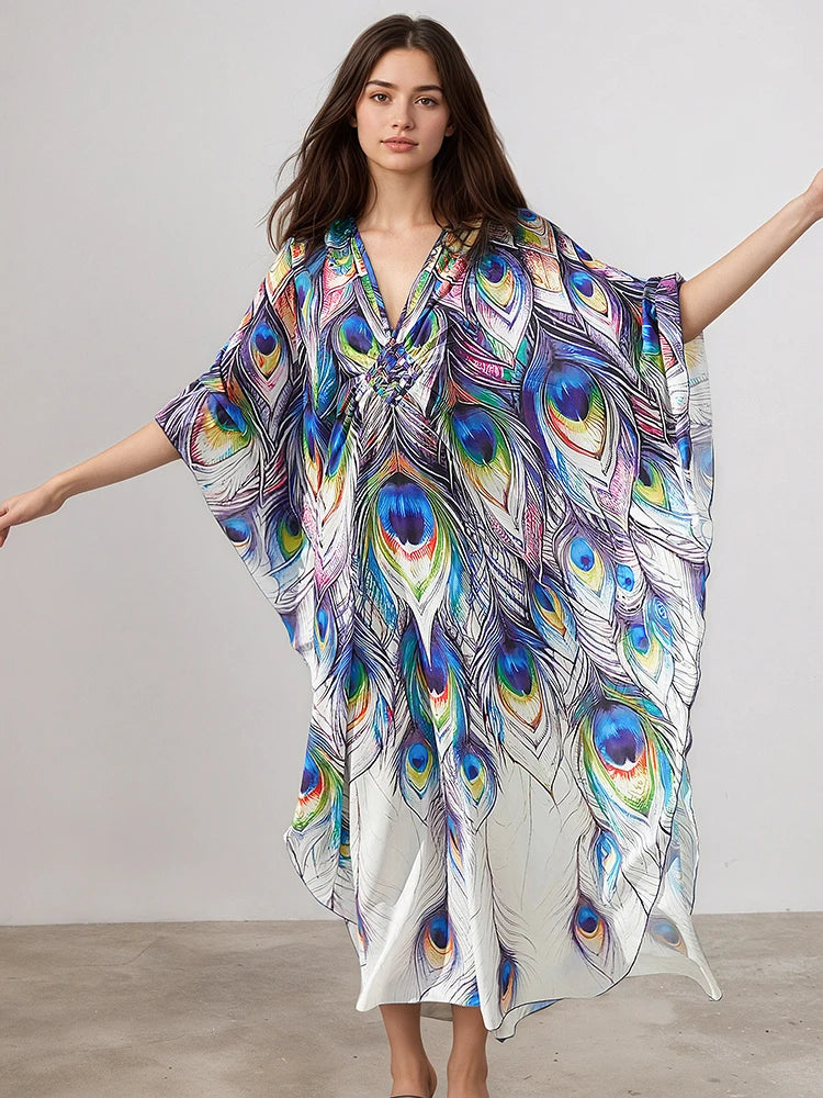 XITAO Irregular Cartoon Printing Bat Sleeve Dress Women Autumn Thin Beach V-neck Pullover Three Quarter Sleeve Dress GJ1206