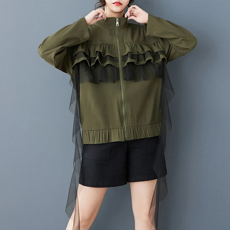 XITAO Gauze Contrast Color Ruffles Zipper Jacket Stand Collar Patchwork Loose Long Sleeve Temperament Casual Coat GYX1510