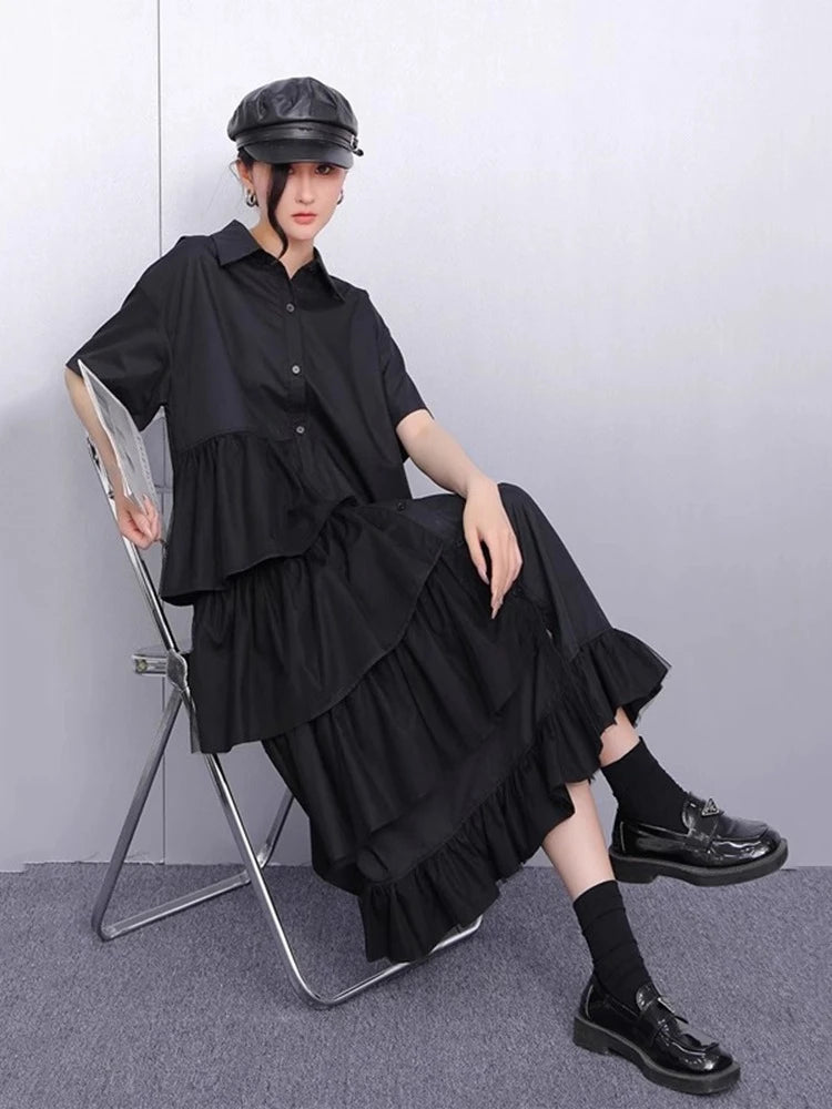 XITAO Patchwork Mesh Turn-down Collar Dress Single Breasted Pleated Short Sleeve Solid Color Fashion Summer Women Dress ZMY1200
