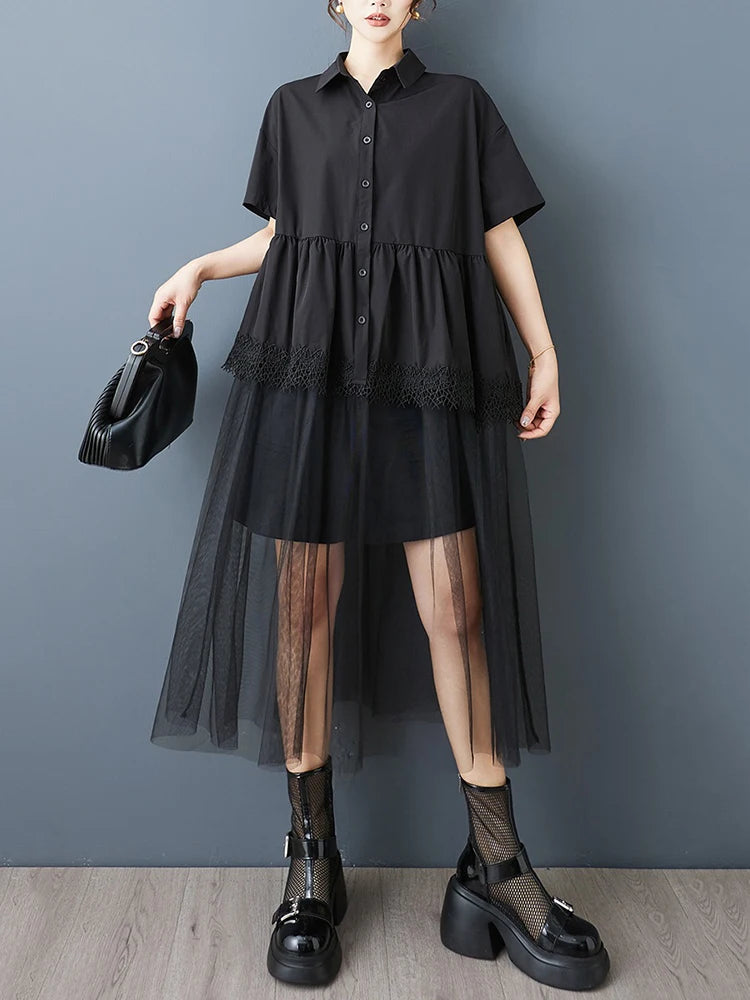 XITAO Gauze Patchwork Folds Female Dress Loose Turn-down Collar Solid Color Short Sleeve Temperament Woman Summer Dress ZMY1253