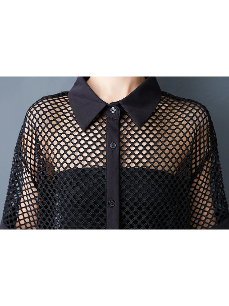 XITAO Irregular Hollow Out Dress Mesh Turn-down Collar Single Breasted Loose Casual Solid Color Summer Woman Dress ZMY1254