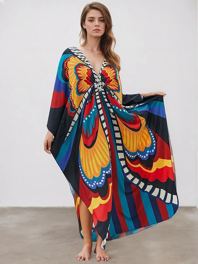XITAO Pullover V-neck Loose Dress Butterfly Print Side Slit Bat Wing Sleeve Personality Loose Casual Summer Woman Dress GJ1154