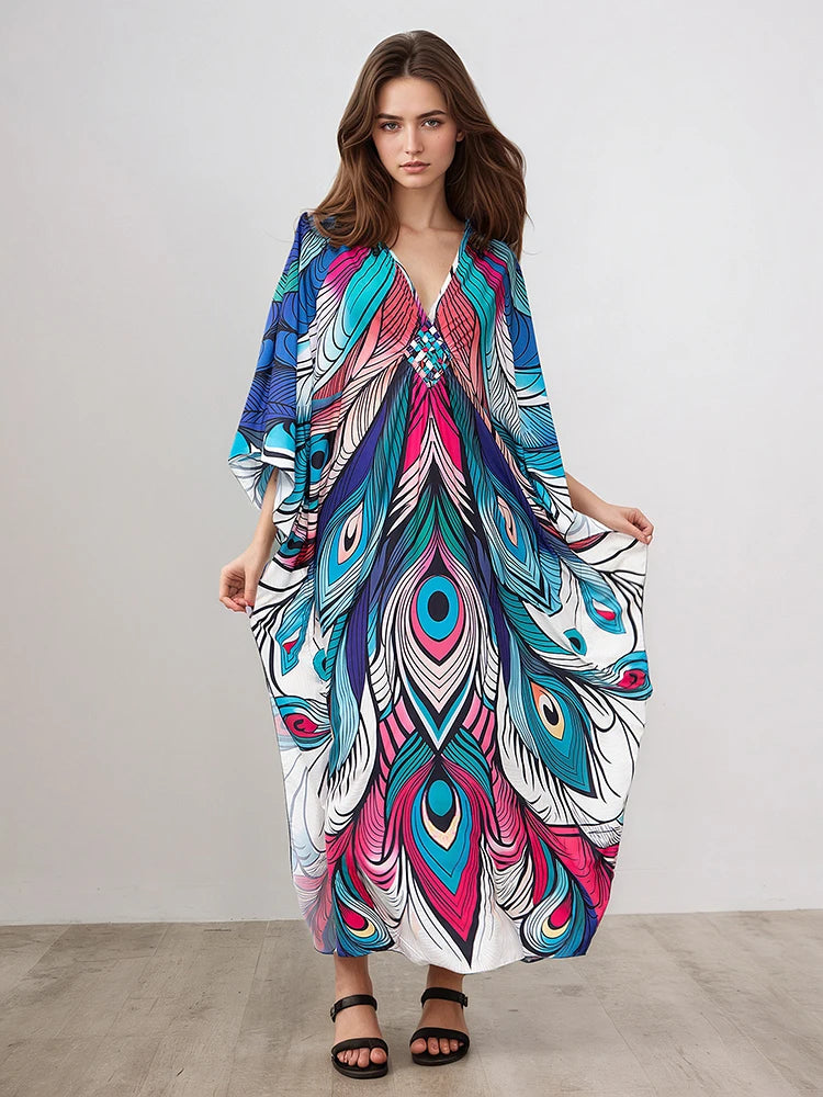 XITAO Summer Beach Style Women Dress Casual Loose V-neck Pullover Three Quarter Sleeve Female Thin Print Fashion Dress GJ1213