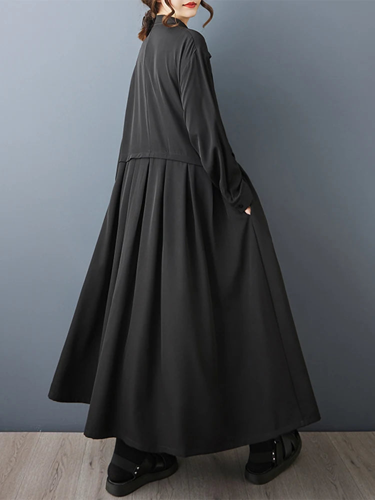 XITAO Drawstring Full Sleeve Vintage Dress Solid Color Single Breasted Loose Pocket Casual All-match Simple Woman Dress ZMY1407