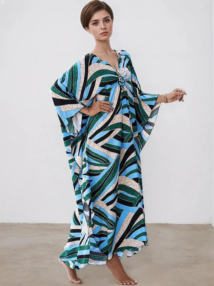 XITAO Beach Asymmetrical Print V-neck Dress Contrast Color Pullover Loose A-line Slimming Summer Woman Ankle-length Dress GJ1173