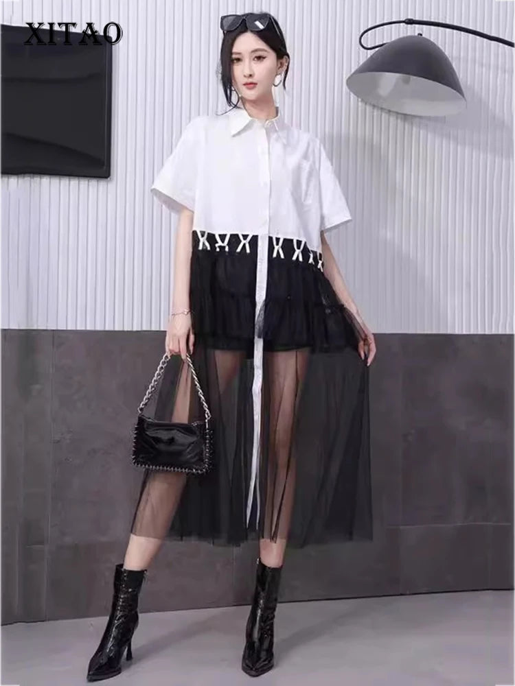 XITAO Patchwork Mesh Contrast Color Dress Casual Loose Fitting Short Sleeve New Single Breasted Summer Women Dress ZMY1072