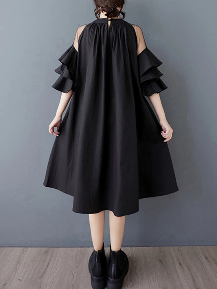 XITAO Mesh Patchwork O-neck Female Loose Dress Slimming A-line Simple Solid Color Women Temperament Elegant Dress ZMY1047