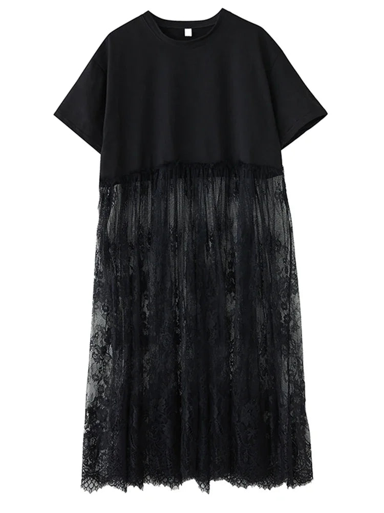 XITAO Patchwork Lace Perspective Pullover Dress Solid Color O-neck Short Sleeve Loose Casual Temperament Women Dress ZMY1245