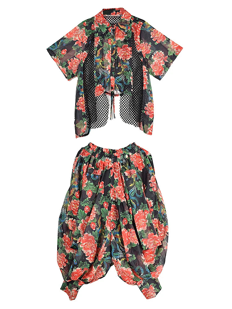 XITAO Hollow Out Asymmetrical Print Sets Turn-down Collar Loose Short Sleeve Personality Elastic Waist Woman Sets GYX1664