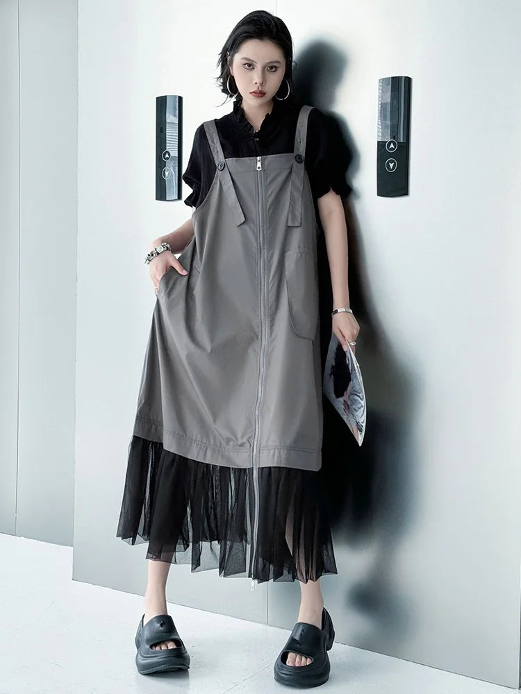 XITAO Pocket Patchwork Gauze Dress Zipper Solid Color Temperament Sleeveless Slimming Summer Woman Loose Casual Dress ZMY1335