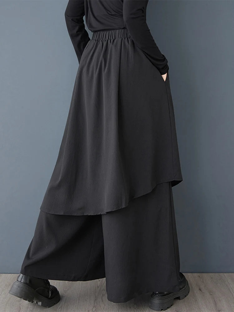 XITAO Pocket Patchwork Asymmetrical Pant Elastic Waist Solid Color Loose Casual Slimming All Match Wide Leg Pants GMM1281
