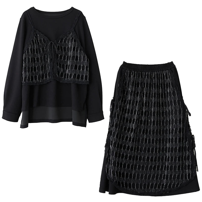 XITAO Patchwork Mesh Bandage Hollow Out Set O-neck Full Sleeve Loose Fitting A-line Fashion Autumn Women Dress Set GMM1335
