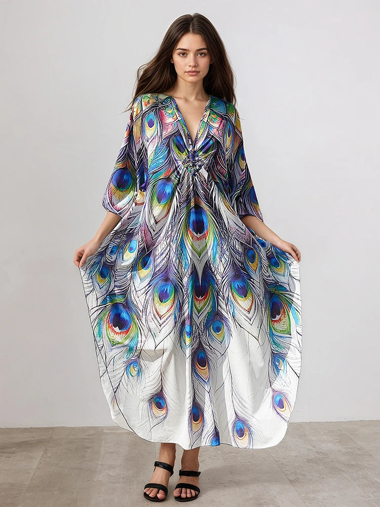XITAO Irregular Cartoon Printing Bat Sleeve Dress Women Autumn Thin Beach V-neck Pullover Three Quarter Sleeve Dress GJ1206
