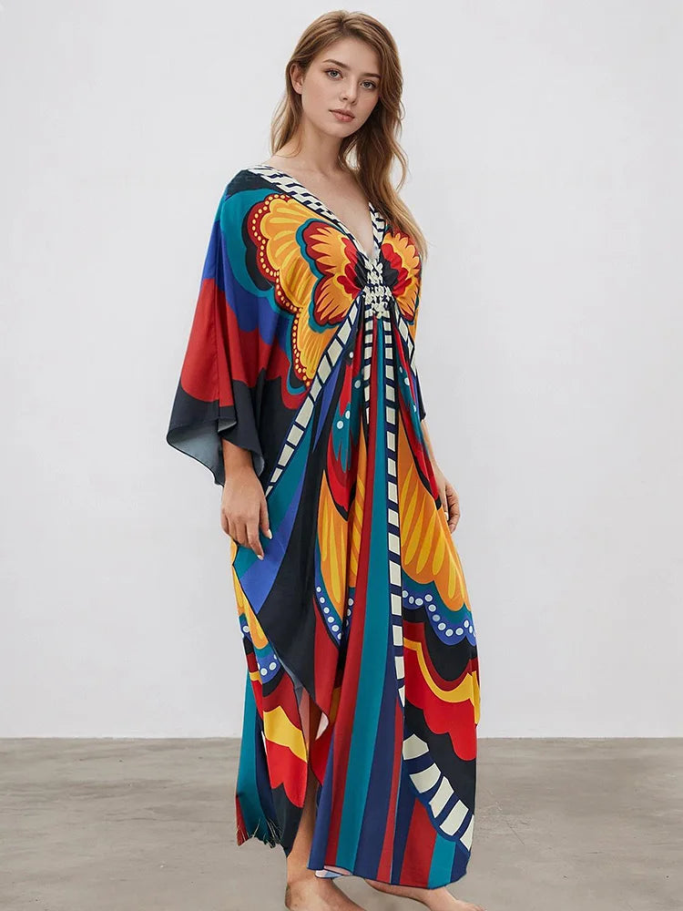 XITAO Pullover V-neck Loose Dress Butterfly Print Side Slit Bat Wing Sleeve Personality Loose Casual Summer Woman Dress GJ1154