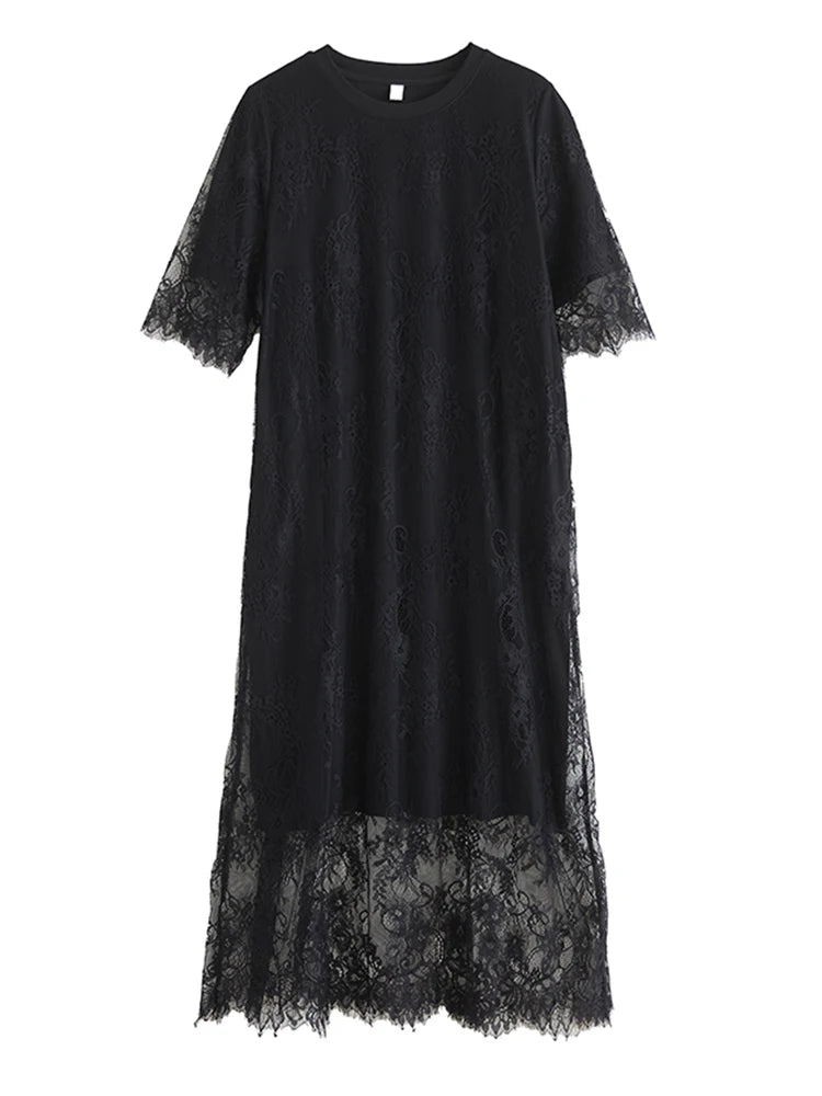 XITAO Mesh Patchwork O-neck Dress Temperament Elegant Irregular Women Summer Goddess Fan Short Sleeve Women Dress HQQ2477