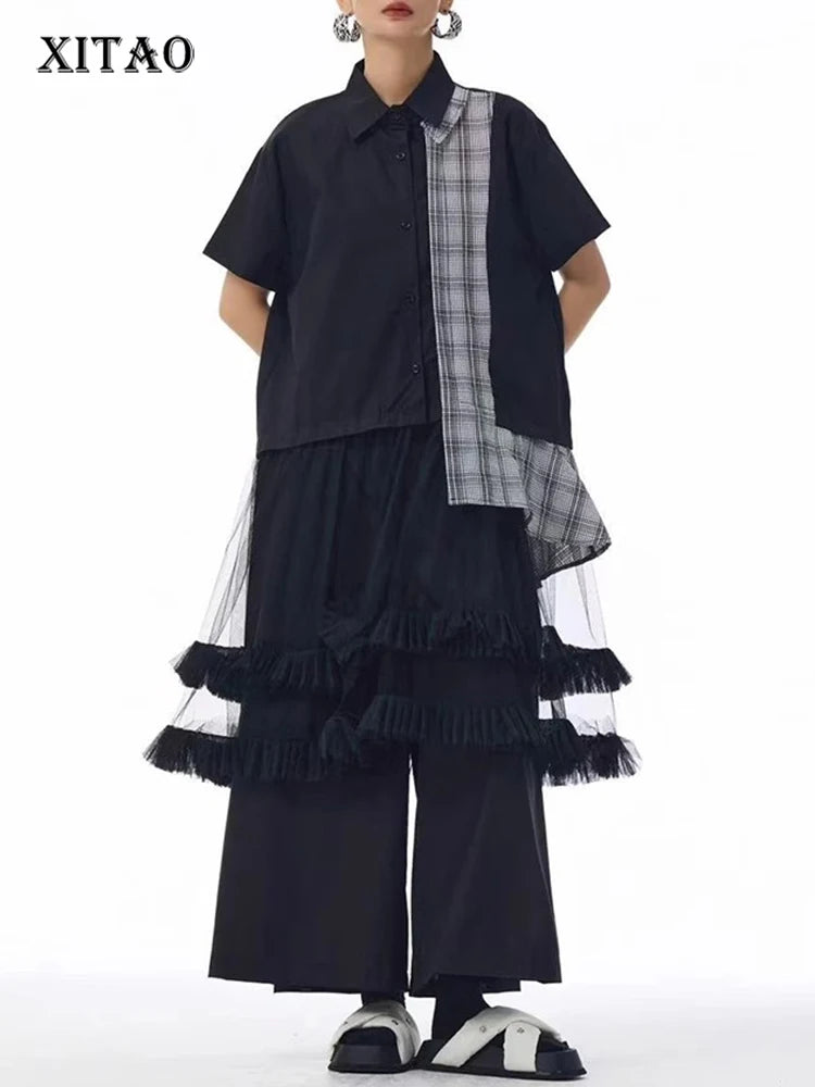 XITAO Loose Plaid Patchwork Shirt Dress Personality Mesh Women Summer Temperament All-match Turn-down Collar Dress ZMY1394