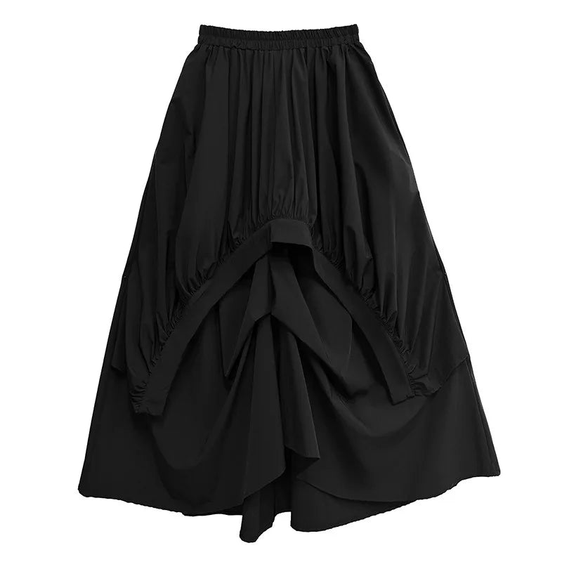 XITAO Fold Solid Color Elastic Waist Skirt Pocket Patchwork A-line Mid-calf Loose All Match Slimming Temperament Skirt ZMY1187