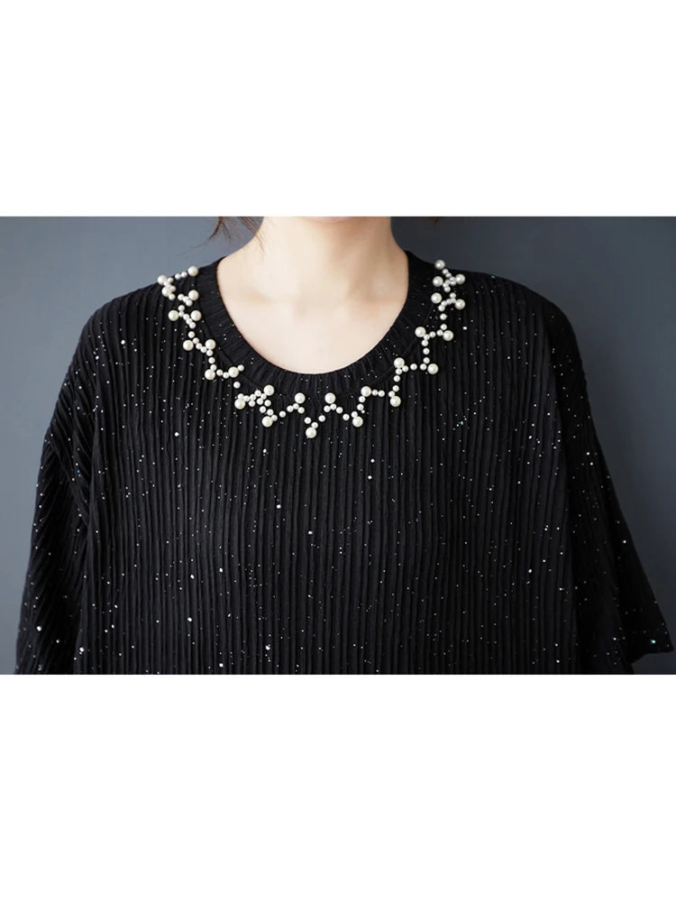 XITAO Vintage Asymmetric O-neck Dress Fashion Bead Patchwork Women Summer Solid Color Slimming Temperament Dress HQQ2481