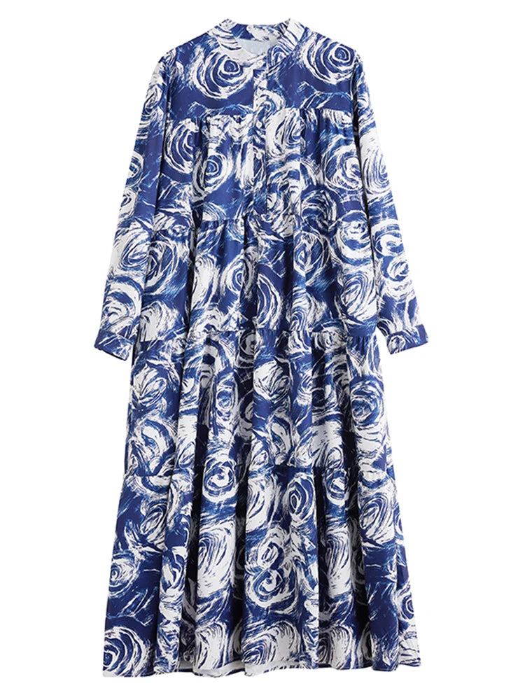 XITAO Contrast Color Print Patchwork Stand Collar Dress Long Sleeve Pullover Loose Mid-calf Casual Slimming Dress HQQ2469