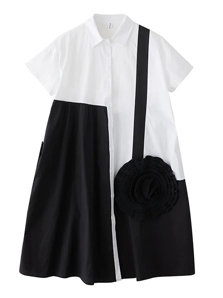 XITAO Three-dimensional Decoration Flower Dress Contrast Color Patchwork Turn-down Collar Loose Summer Woman Dress ZMY1397
