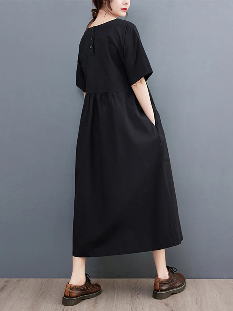XITAO Folds Patchwork O-neck Dress Simple Solid Color Casual Irregular Short Sleeve Women Temperament Slimming Dress ZMY1062