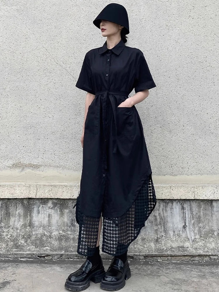 XITAO Pocket Bandage Irregular Female Dress Patchwork Hollow Out Solid Color Loose Slimming Summer Woman Shirt Dress ZMY1237