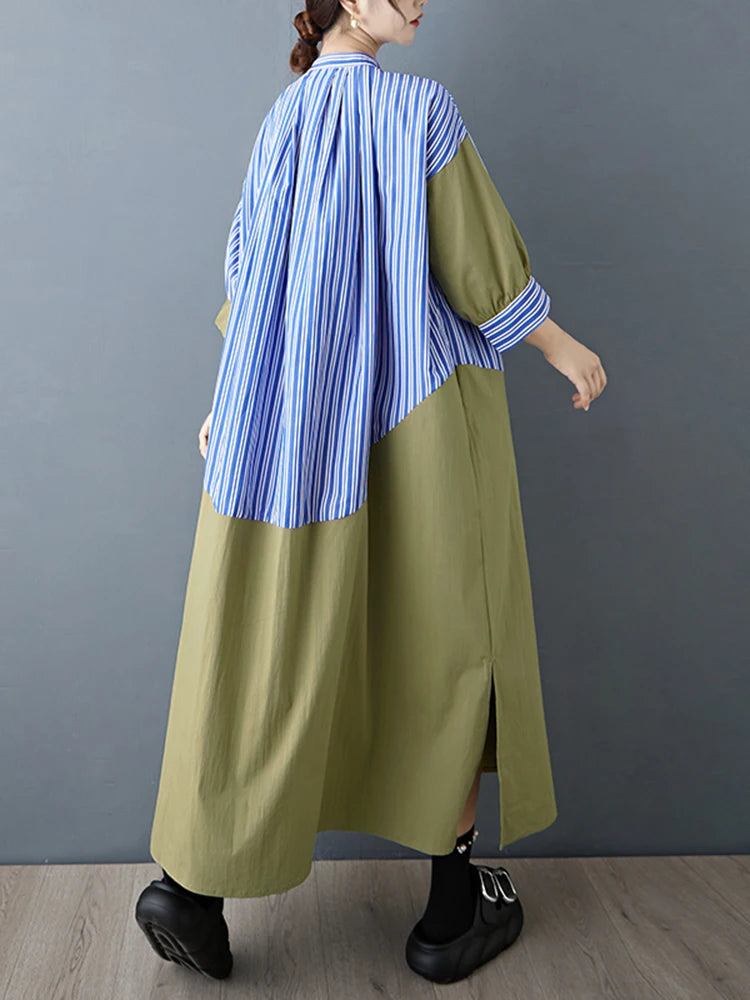 XITAO Contrast Color Striped Casual Dress Patchwork Single Breasted Stand Collar Vintage Side Slit Summer Woman Dress ZMY1365