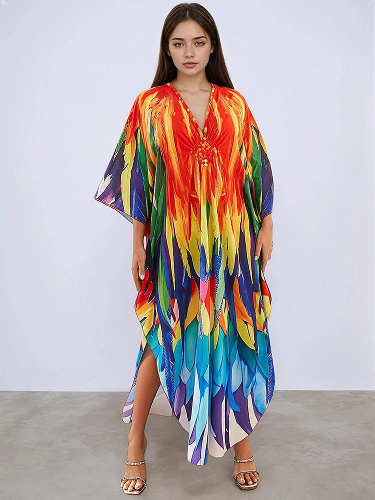 XITAO Bat Wing Sleeve Vintage V-neck Print Dress Loose V-neck Casual Side Slit Temperament Personality Summer Woman Dress GJ1160