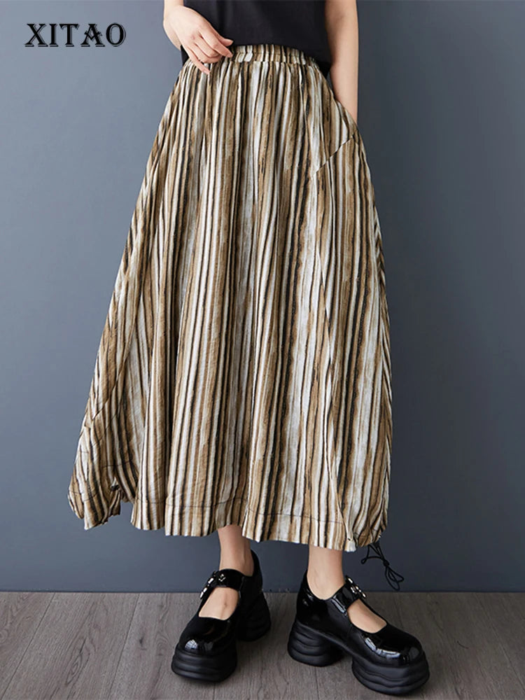 XITAO Stripe Elastic Waist A-line Skirt Casual Mid-calf Solid Color Personality Simple Vintage Summer Women Skirt GYX1646
