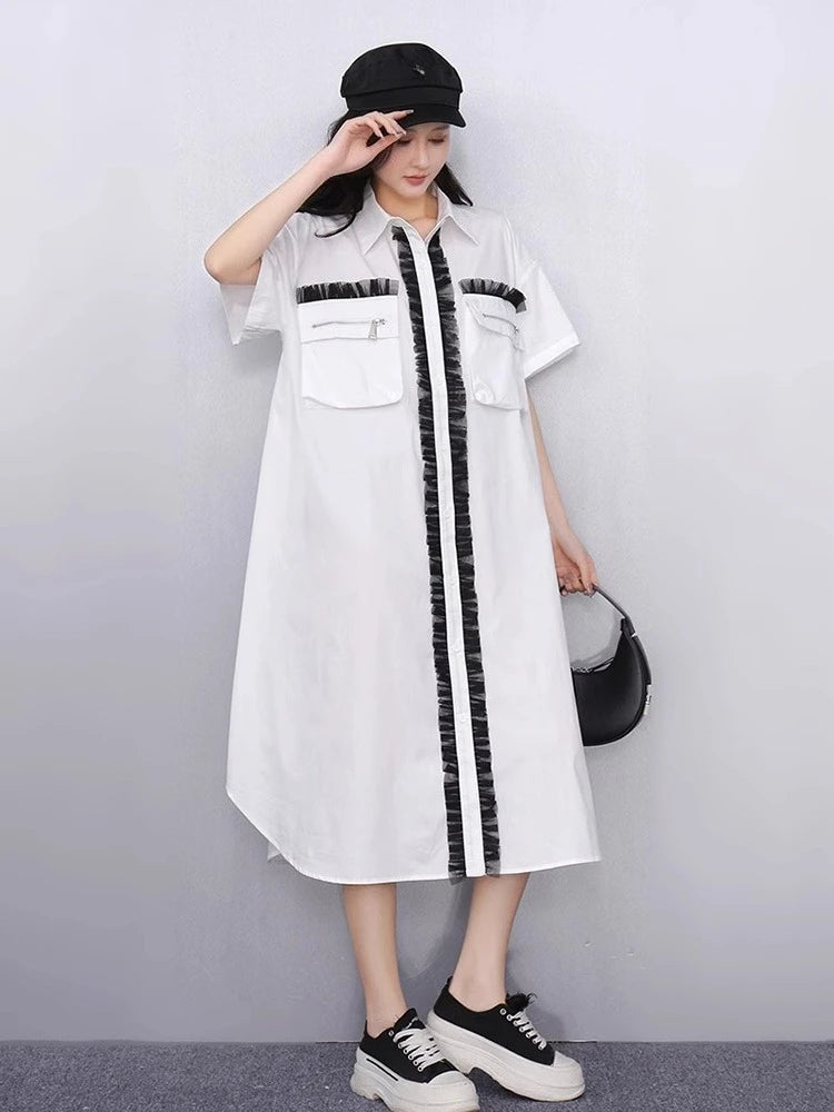 XITAO Patchwork Pocket Contrast Color Dress Turn-down Collar Single Breasted A-line Loose Fitting Simple Summer Dress ZMY1371