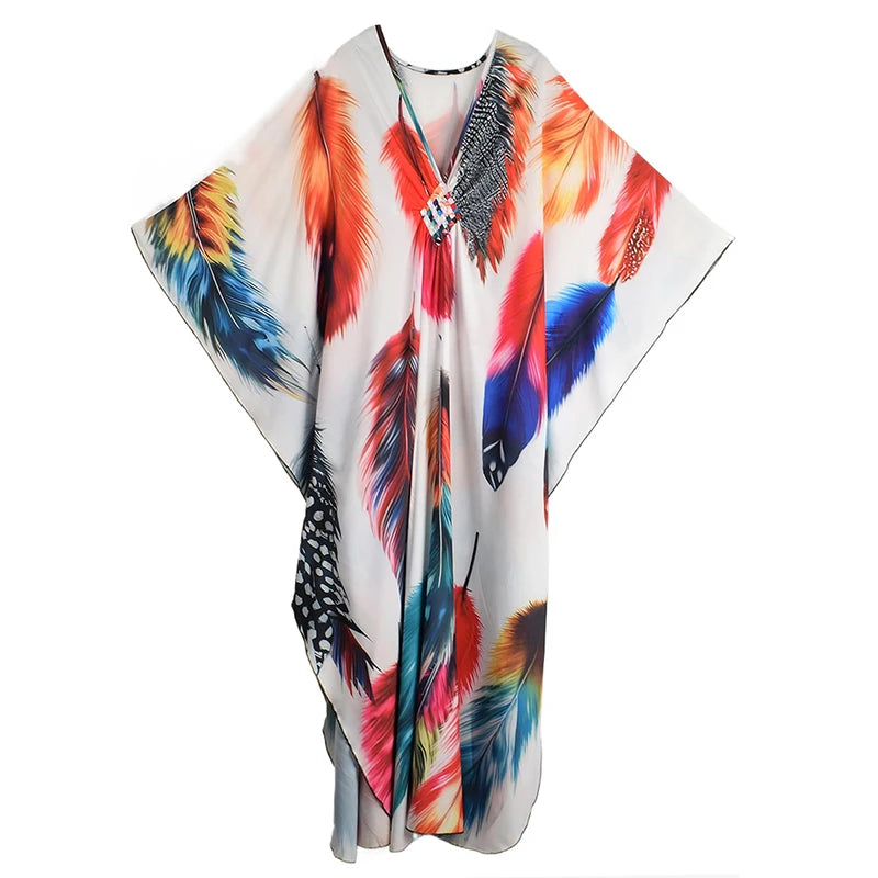 XITAO Contrast Color Printing Cartoon Women Dress Beach Thin Comfortable Bat Sleeve V-neck Pullover Fashion Casual Dress GJ1207