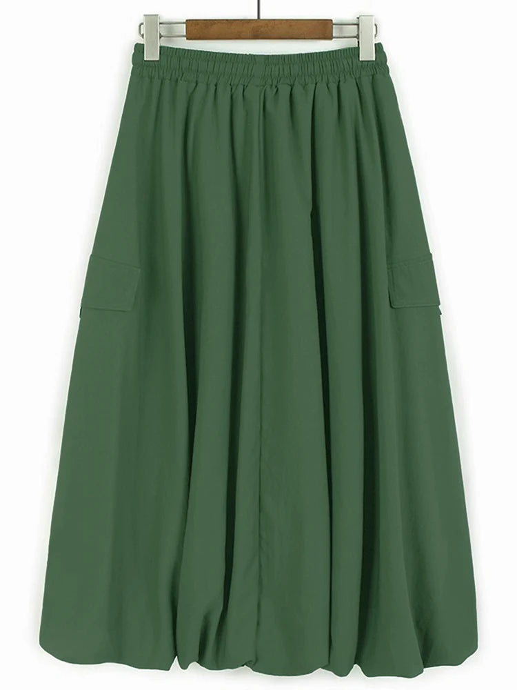 XITAO Pocket Pleated Drawstring Skirts Solid Color Button A-line Loose Casual Personality Slimming Summer Woman Skirts ZMY1301