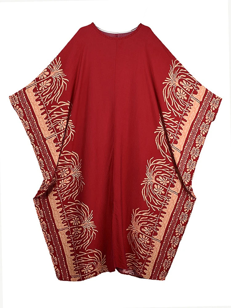 XITAO O-neck Bat Wing Sleeve Vintage Dress Side Slit Print Pullover Loose Temperament Summer Woman Ankle-length Dress GJ1191