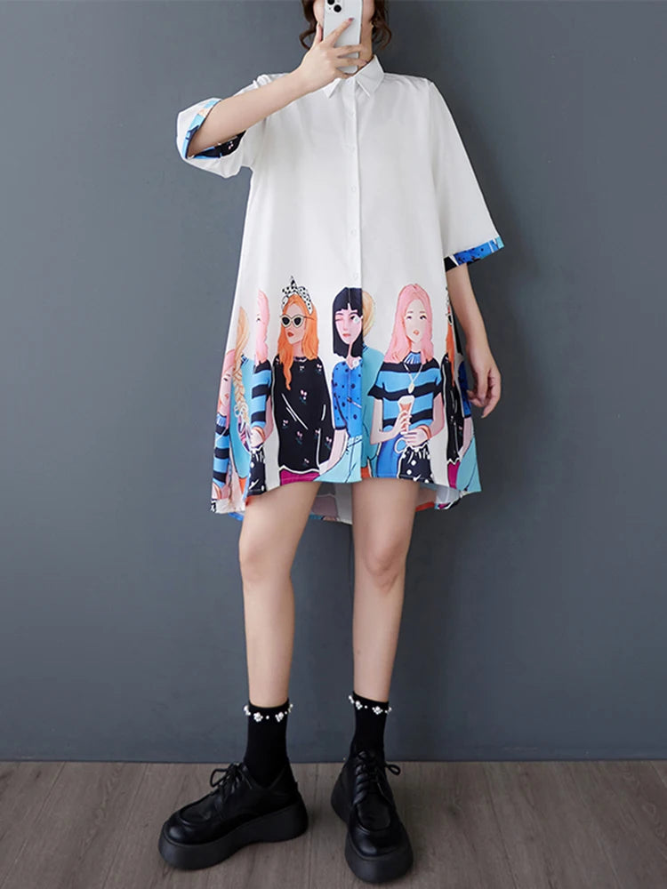 XITAO Print Single Breasted Loose Female Dress Half Sleeve Turn-down Collar Casual Cartoon Summer Women Irregular Dress ZMY1218