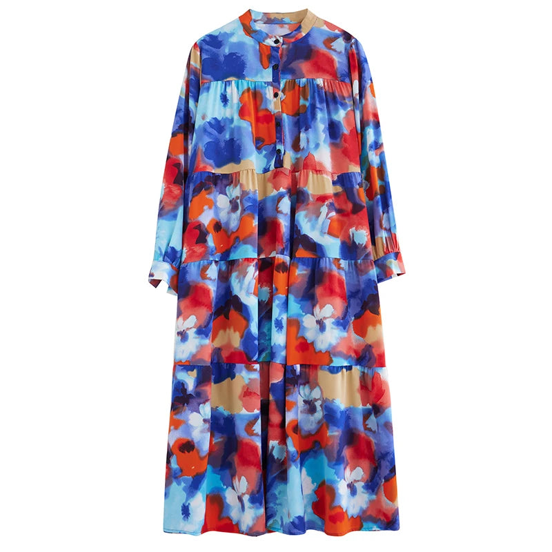 XITAO Vintage Loose Print Dress Casual All-match Contrast Color Women Spring New Trend Long Sleeve Stand Collar Dress DMJ4069
