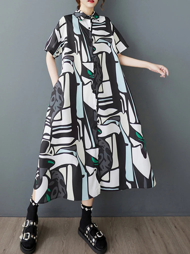 XITAO Print Pocket Patchwork Dress Single Breasted Short Sleeve Turn-down Collar Loose Casual Slim Summer Shirt Dress ZMY1137