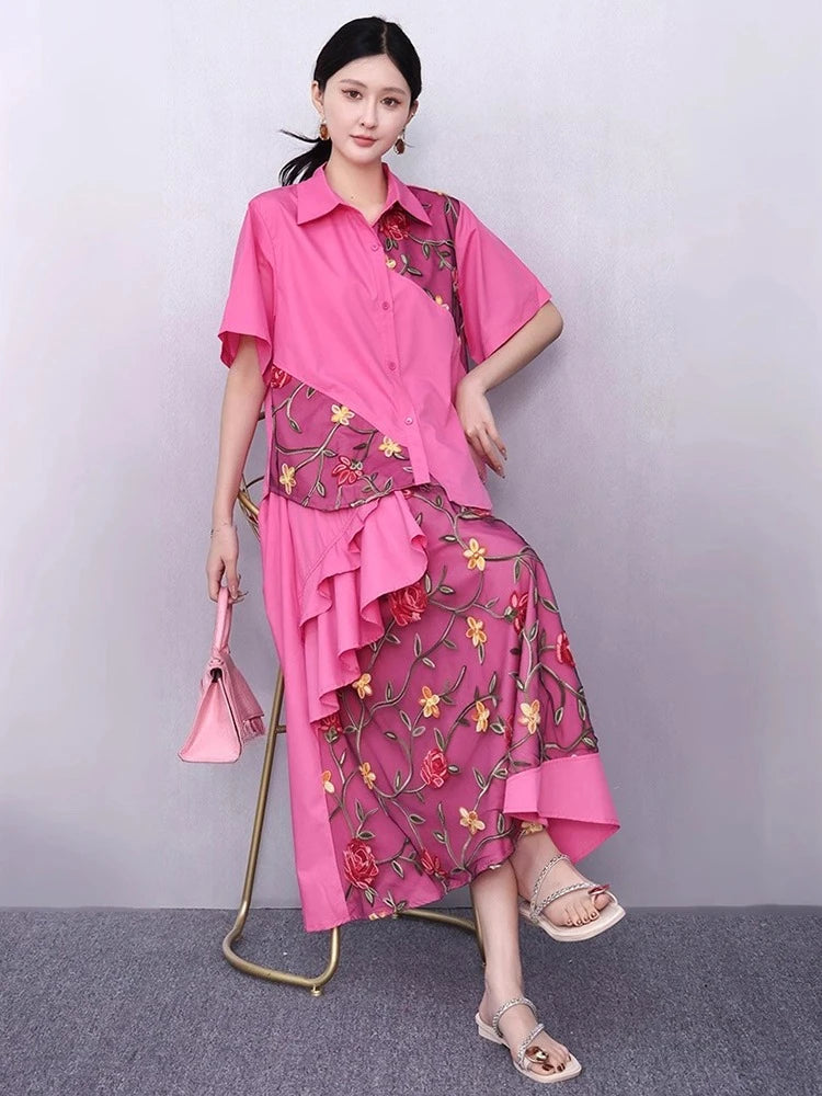 XITAO Asymmetrical Gauze Flower Sets Patchwork Embroidery Turn-down Collar Short Sleeve Loose Elegant Two-piece Sets HQQ2503