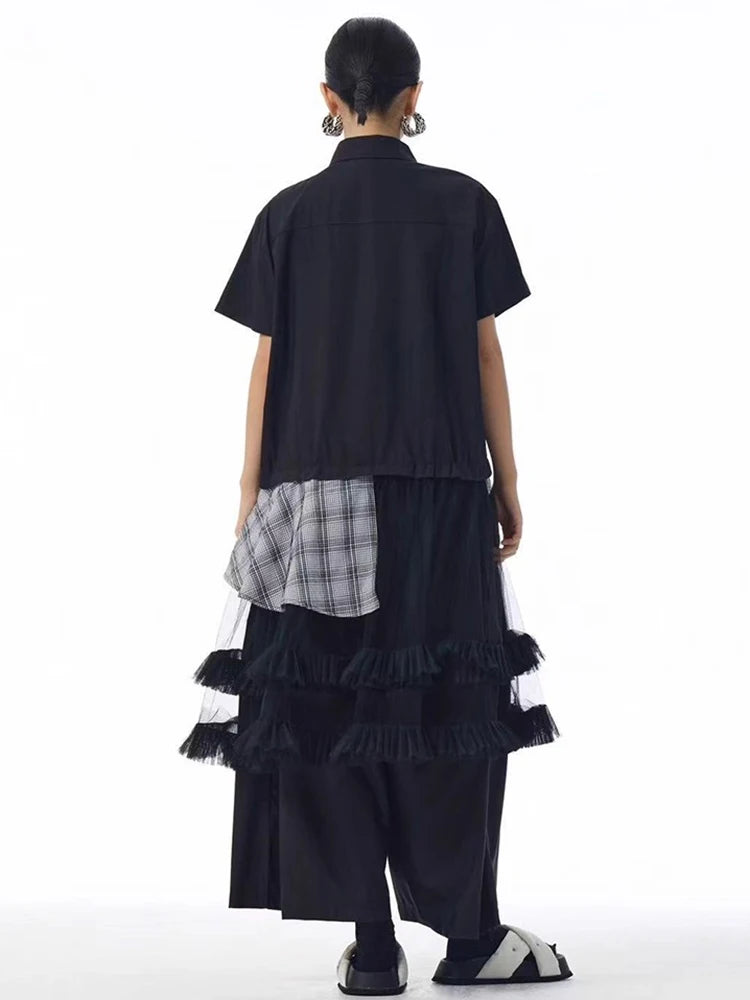 XITAO Loose Plaid Patchwork Shirt Dress Personality Mesh Women Summer Temperament All-match Turn-down Collar Dress ZMY1394