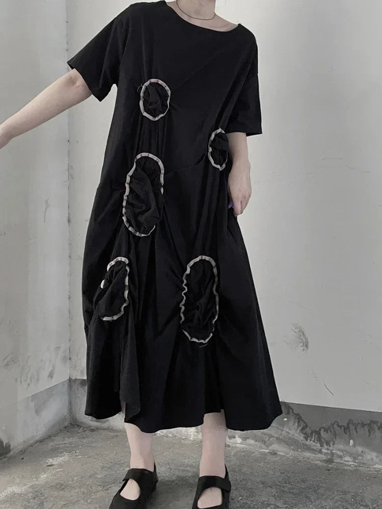XITAO Vintage Casual T-shirt Dress Irregular Contrast Color Round Folds Decorate Fashion Loose Summer New Women Dress WMD6701