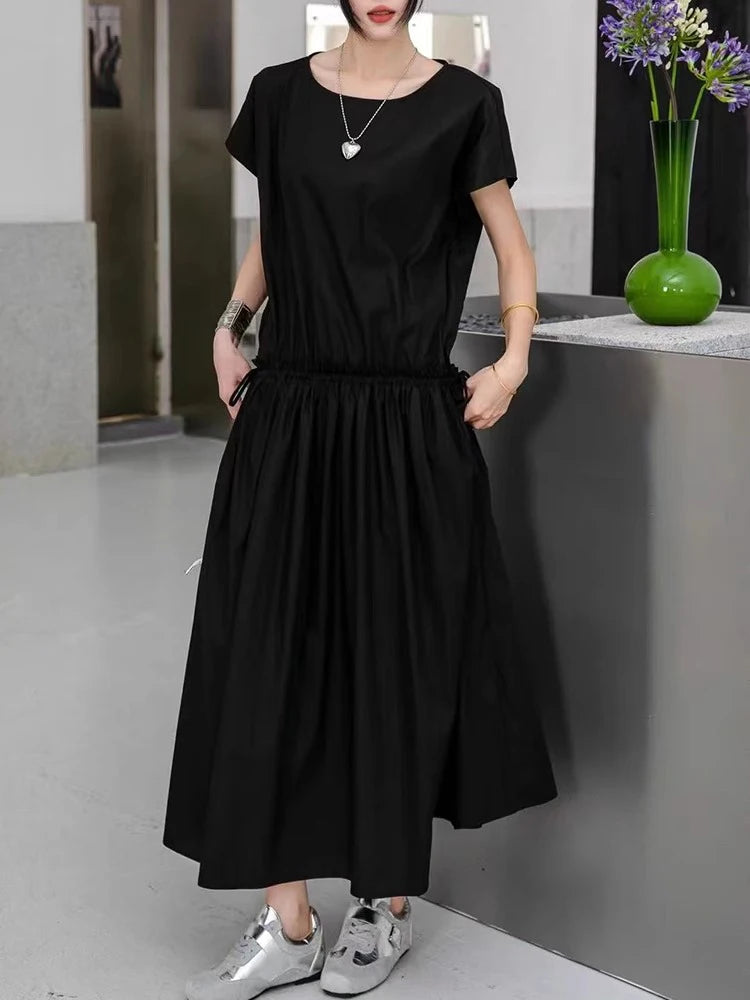 XITAO Pleated O-neck Edible Tree Fungus Female Dress Drawstring Solid Color Loose Fitting A-line Summer Women Dress ZMY1330