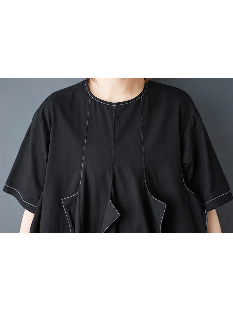 XITAO Asymmetrical Patchwork O-neck Dress Solid Color Short Sleeve Casual Slimming Pullover Simple Summer Woman Dress ZMY1358