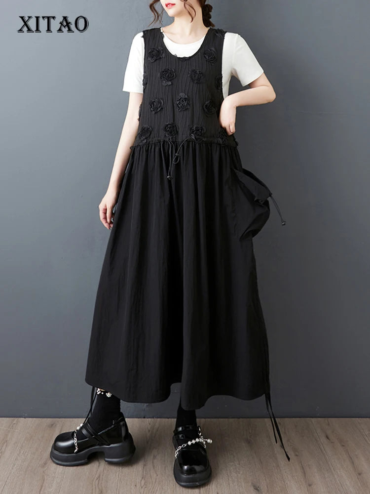 XITAO Pocket Draw String Sleeveless Fenake Dress Three-dimensional Flower Loose O-neck Solid Color Summer Woman Dress ZMY1275