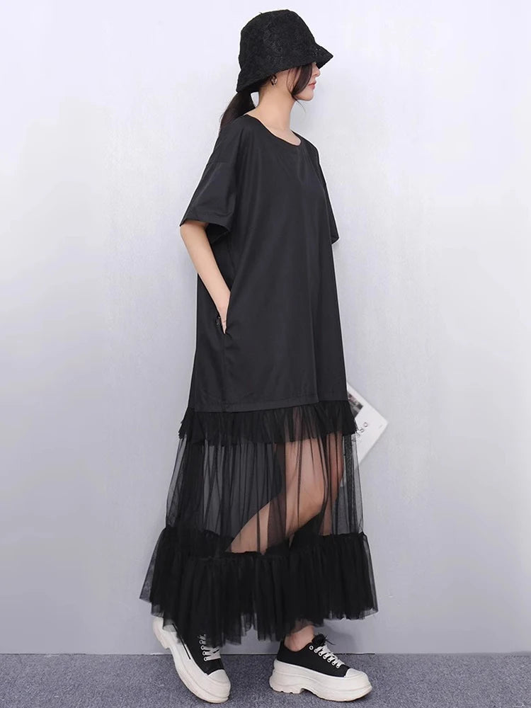 XITAO Gauze Patchwork Loose Female Dress O-neck Short Sleeve Casual Simple Slimming Temperament Summer Woman Dress HQQ2496