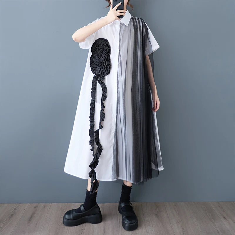 XITAO Patchwork Mesh Flower Dress Casual Solid Color Loose Fitting Korea A-line Short Sleeve Single Breasted Women Dress GYX1626