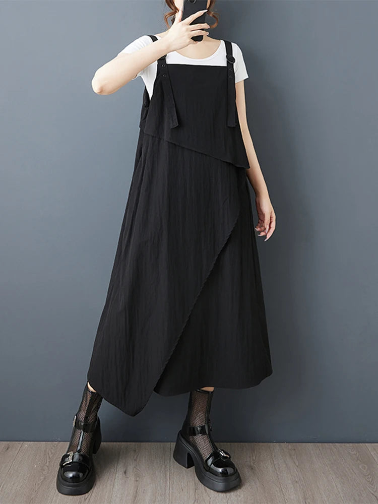 XITAO Asymmetrical Spaghetti Strap Sleeveless Dress Solid Color Pocket Patchwork Square Collar A-line Slim Women Dress ZMY1286