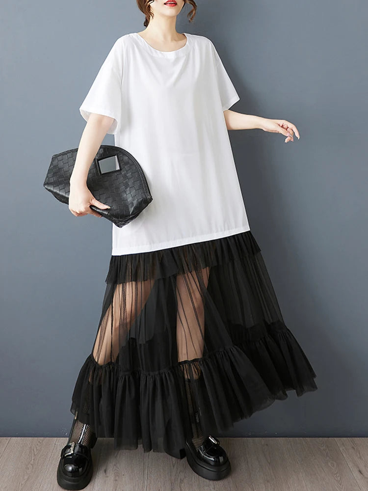 XITAO Patchwork Gauze Pleated Female Dress Loose O-neck Casual Short Sleeve Simple Slimming All-match Summer Woman Dress ZMY1287