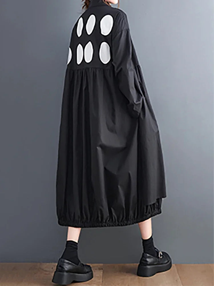 XITAO Hollow Out Dot Print Geometric Shirt Dress Solid Color Turn-down Collar Single Breasted Loose 2024 Spring Summer DMJ2333
