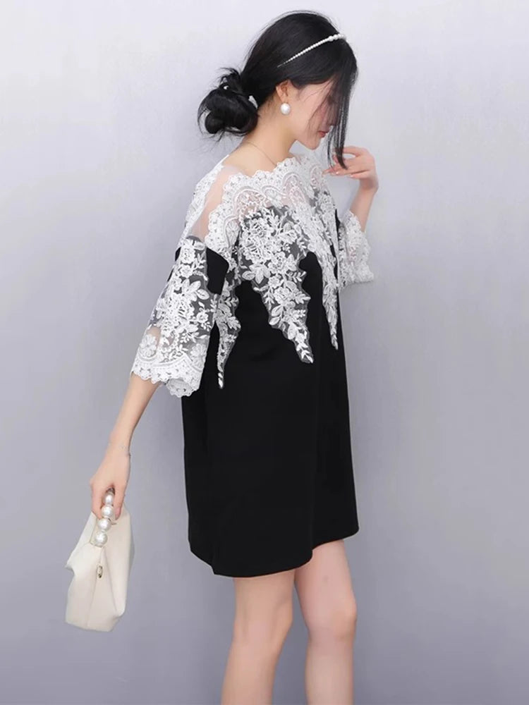 XITAO Lace Patchwork Contrast Color Dress O-neck Pullover Short Sleeve Loose Temperament All Match Vintage Casual Dress ZMY1246